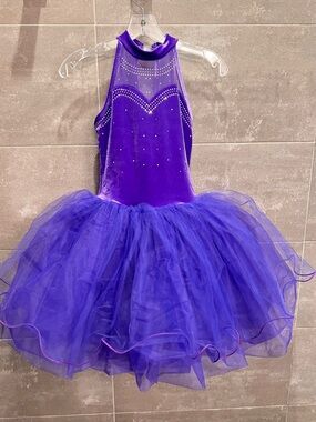 Girls Purple Velvet Halter Dance Costume with Tulle Skirt